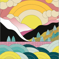 Colorful Illustration Of A Mountain Landscape With A Vibrant Sunset A Range Of Colors And Textures Including Greens Yellows Oranges And Blues — Stock Vector