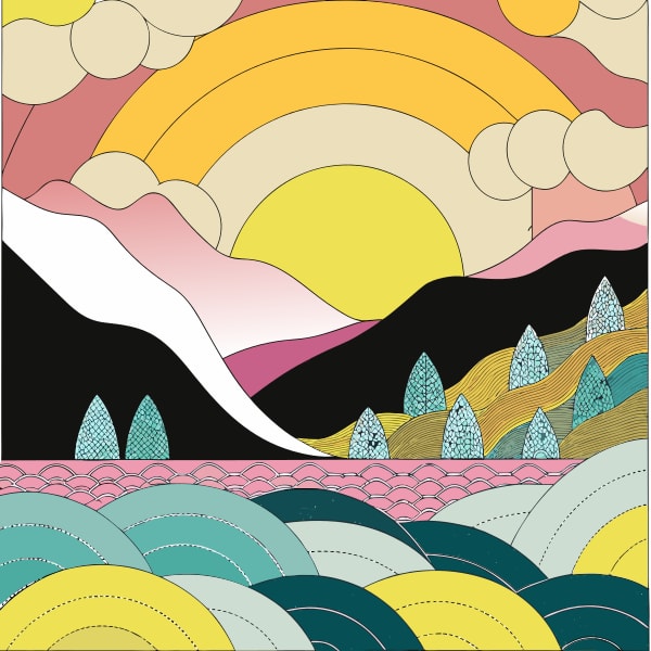 Colorful Illustration Of A Mountain Landscape With A Vibrant Sunset A Range Of Colors And Textures Including Greens Yellows Oranges And Blues — Stock Vector