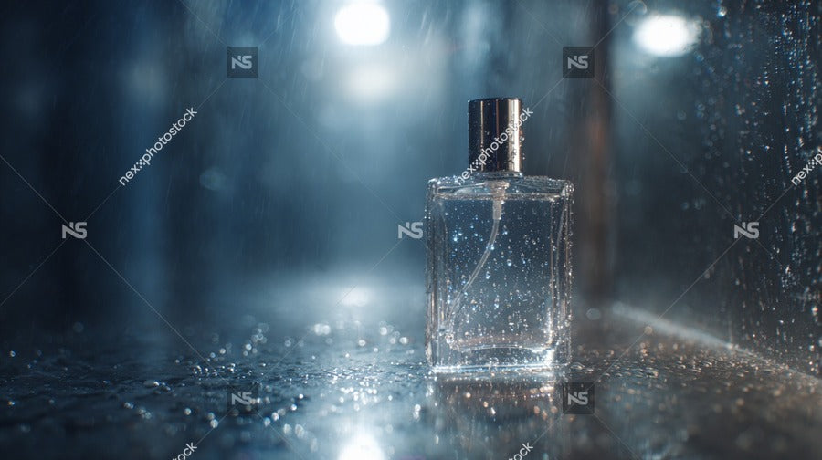 Shows A Bottle Of Cologne Placed On A Surface With Raindrops Falling In The Background — Stock Photo