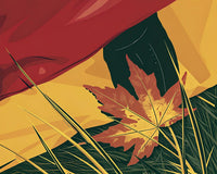 A Flag With A Single Autumn Leaf Resting On It Set Against A Backdrop Of Grass And Sky — Stock Illustration