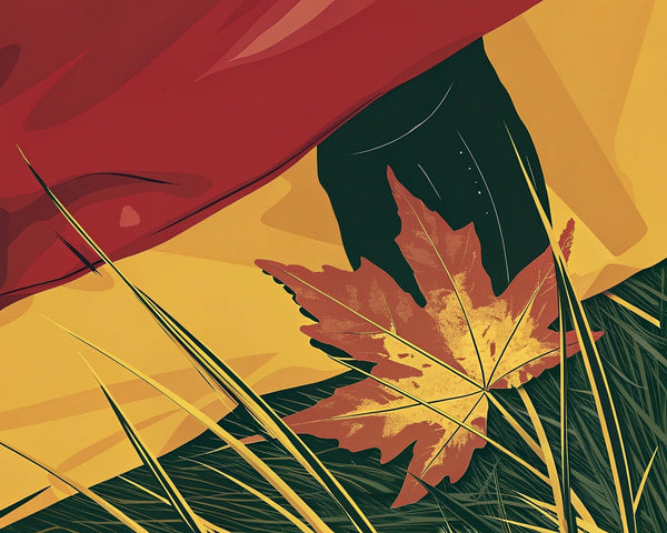 A Flag With A Single Autumn Leaf Resting On It Set Against A Backdrop Of Grass And Sky — Stock Illustration
