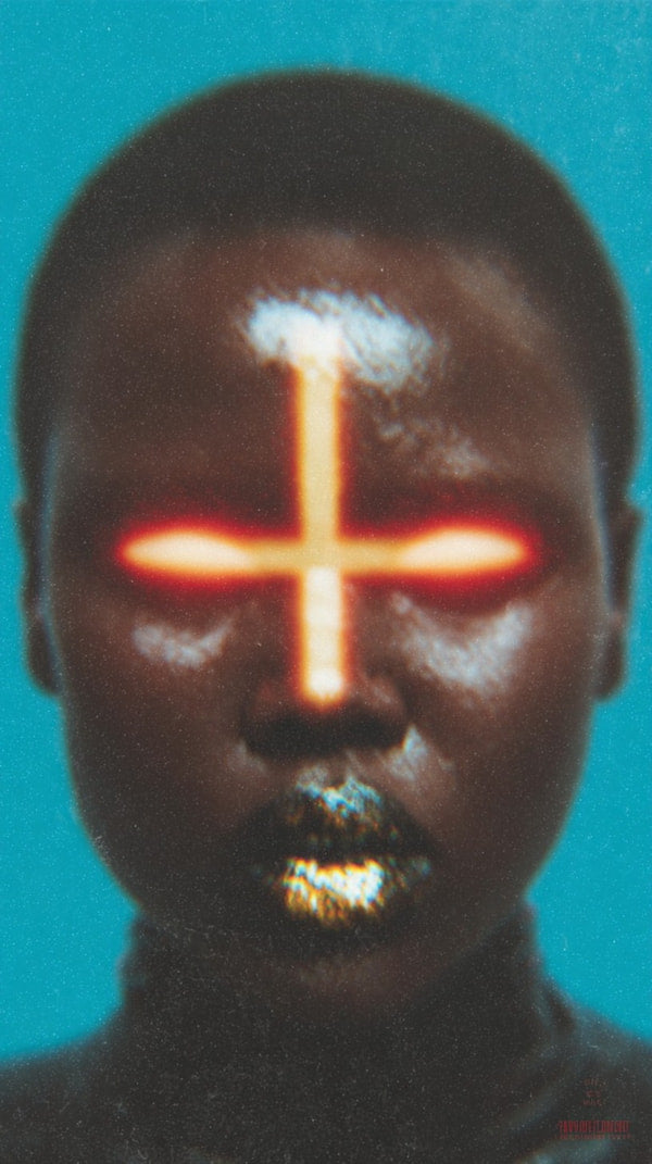 A Digital Art Portrait Features A Person With A Cross On Their Forehead And Glowing Red Eyes Set Against A Blue Background — Stock Photo