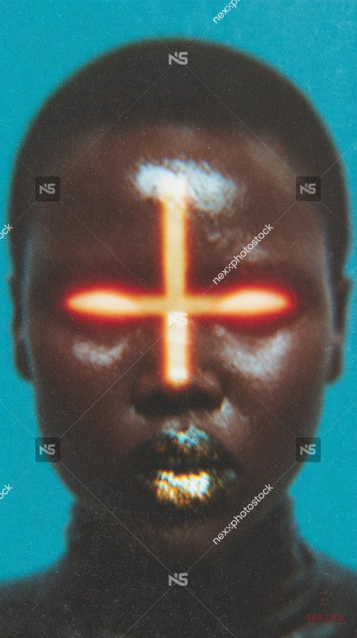 A Digital Art Portrait Features A Person With A Cross On Their Forehead And Glowing Red Eyes Set Against A Blue Background — Stock Photo