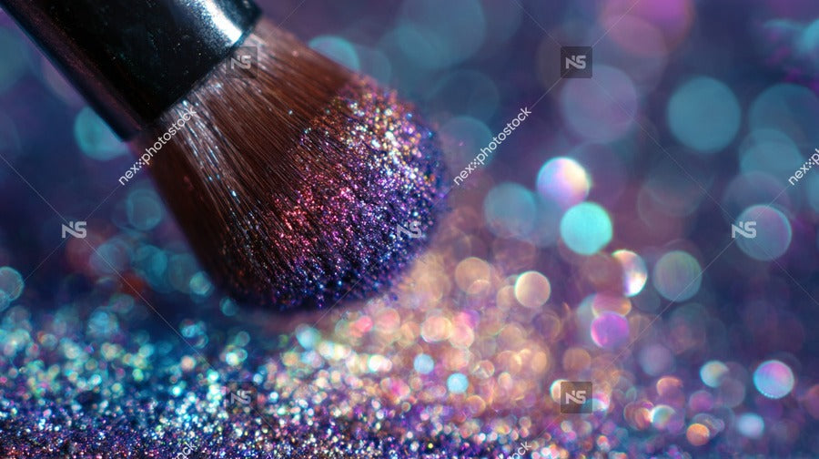A Close Up Image Of A Glittery Makeup Brush With Purple And Blue Specks Against A Vibrant Bokeh Background — Stock Photo