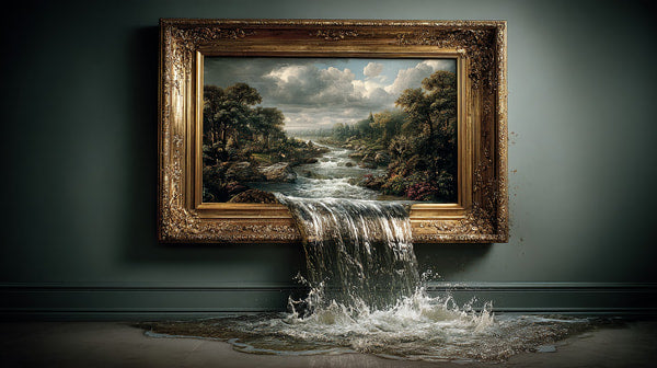 Framed Painting Of A River Scene With Water Pouring Out From The Bottom Creating A Effect — Stock Photo
