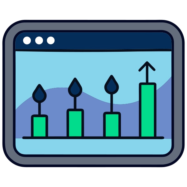 Two Panel Illustration Of A Digital Dashboard Graphs And Charts With Candles On Top Set Against A Blue Background — Stock Vector
