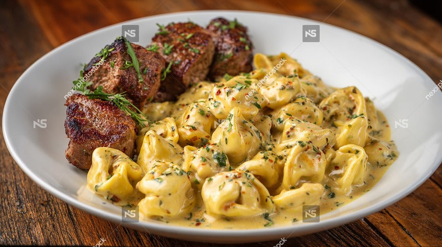 A Plate Of Creamy Macaroni And Meat Accompanied By A Side Of Sauce On A Wooden Table — Stock Photo
