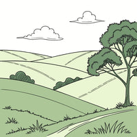 A Tranquil Countryside Landscape With A Tree And Rolling Hills Depicted In A Stylized Illustration — Stock Vector