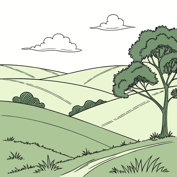 A Tranquil Countryside Landscape With A Tree And Rolling Hills Depicted In A Stylized Illustration — Stock Vector