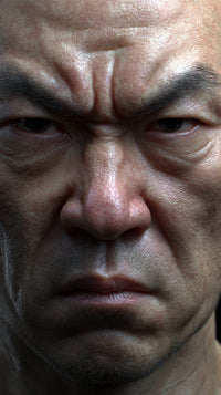 A Close Up Portrait Of An Asian Man With A Stern Expression Captured In A Top Down View Against A White Background — Stock Photo