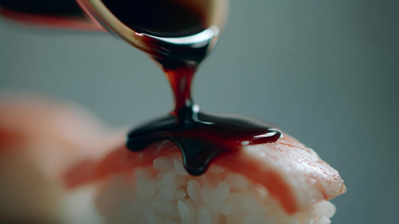 a close up image of a sushi roll with a drop of sauce falling onto it set against a dark background - Stock Video