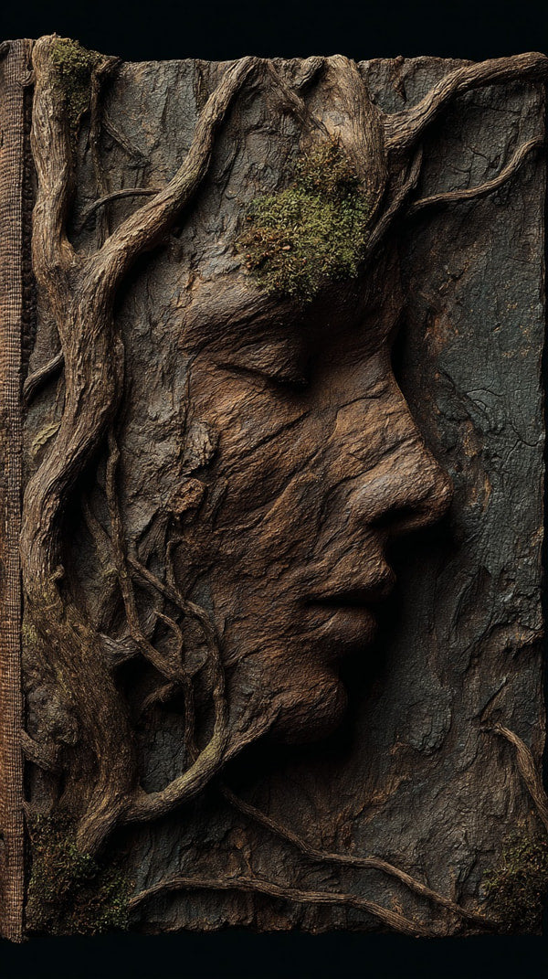 Carved Wooden Portrait Of A Woman S Face With Intricate Details And Textures Set Against A Dark Background — Stock Photo