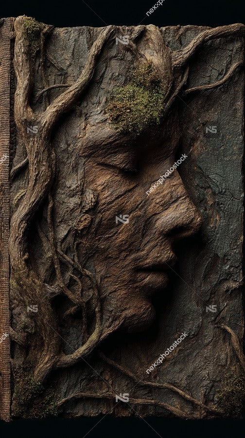 Carved Wooden Portrait Of A Woman S Face With Intricate Details And Textures Set Against A Dark Background — Stock Photo