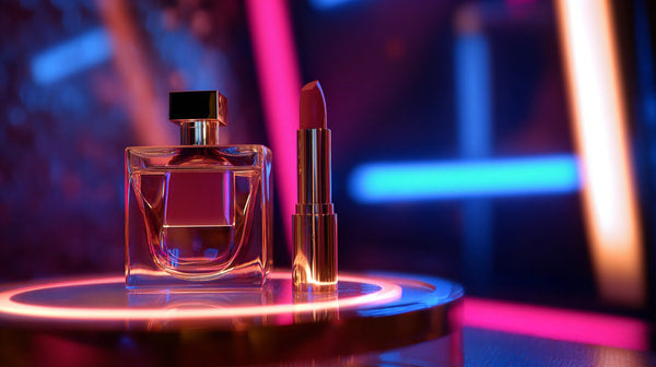 Shows A Bottle Of Perfume Placed On A Surface With A Colorful Background That Includes Neon Lights And A Blurred Figure — Stock Photo
