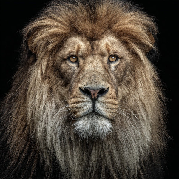Lion Portrait With A Close Up View Of Its Face And Mane Set Against A Dark Background — Stock Photo