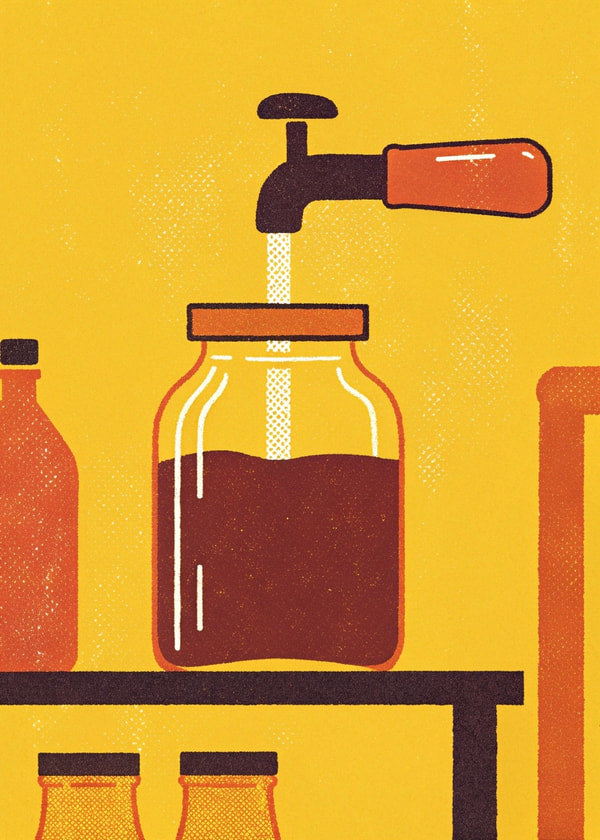 Illustration Of A Vintage Style Soda Dispensing Machine With A Glass Bottle And Tap On A Countertop — Stock Illustration