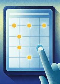 A Digital Calendar Interface With A Finger Pointing To It A Grid Of Dates And Times Against A Blue Background — Stock Illustration