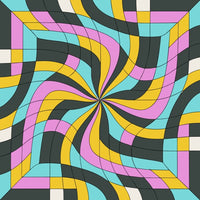 Vibrant Abstract Pattern With A Kaleidoscopic Design A Symmetrical Arrangement Of Interlocking Shapes In Various Colors Including Blue Pink Yellow And Black — Stock Vector