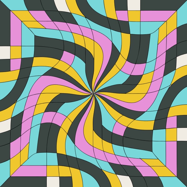 Vibrant Abstract Pattern With A Kaleidoscopic Design A Symmetrical Arrangement Of Interlocking Shapes In Various Colors Including Blue Pink Yellow And Black — Stock Vector