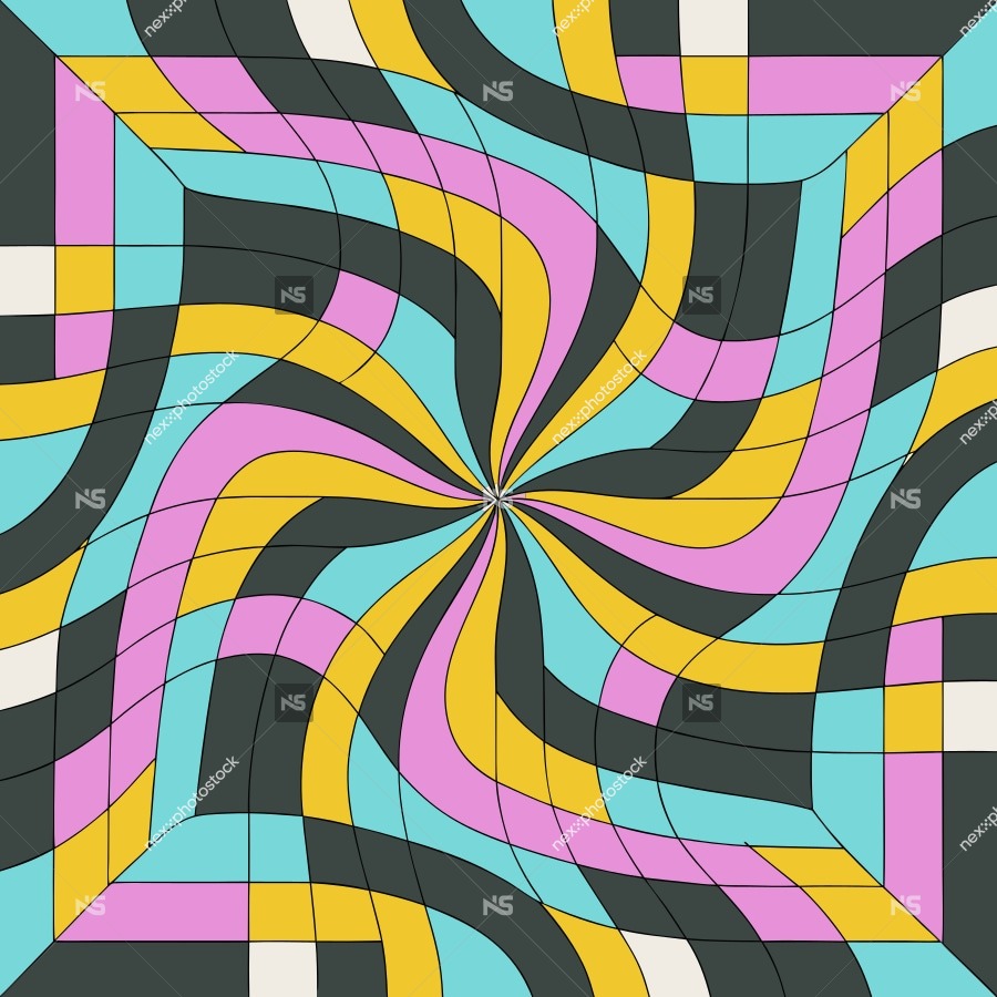 Vibrant Abstract Pattern With A Kaleidoscopic Design A Symmetrical Arrangement Of Interlocking Shapes In Various Colors Including Blue Pink Yellow And Black — Stock Vector