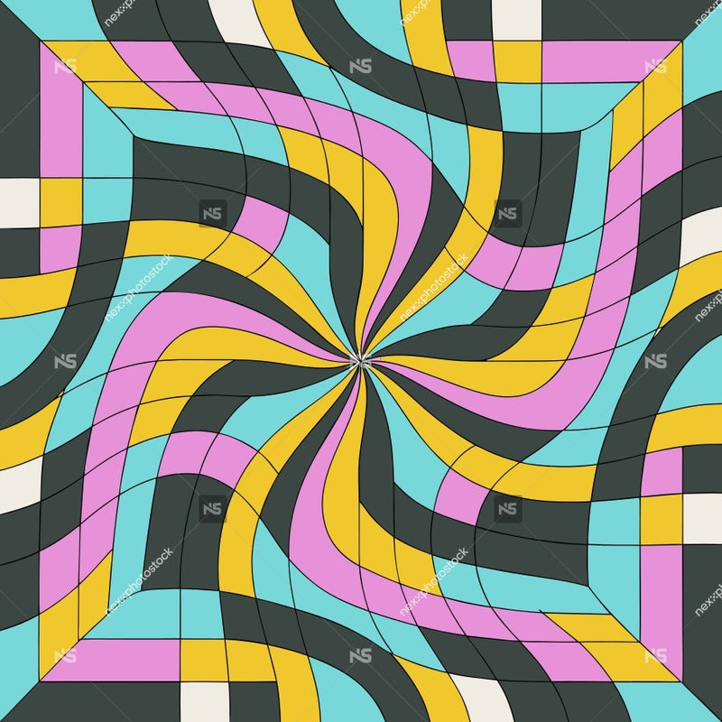 Vibrant Abstract Pattern With A Kaleidoscopic Design A Symmetrical Arrangement Of Interlocking Shapes In Various Colors Including Blue Pink Yellow And Black — Stock Vector