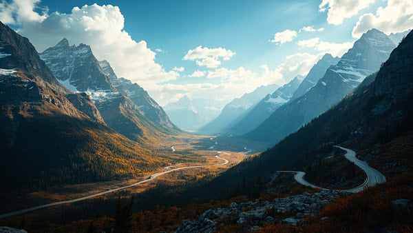 Awe Inspiring Mountain Landscape With A Winding Road Lush Greenery And Towering Peaks Under A Clear Blue Sky — Stock Photo