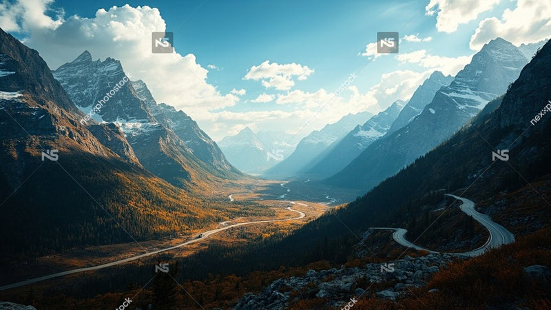 Awe Inspiring Mountain Landscape With A Winding Road Lush Greenery And Towering Peaks Under A Clear Blue Sky — Stock Photo