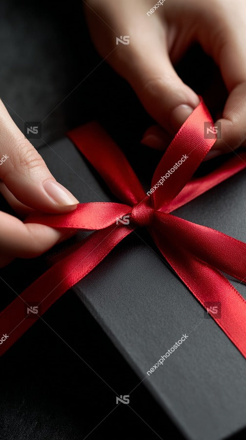 A Hand Tying A Red Ribbon Around A Black Gift Box — Stock Photo