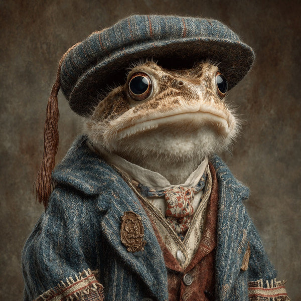 A Frog Dressed In A Suit And Hat Donning A Blue Tie And Sporting A Monocle Stands Against A Textured Background — Stock Photo