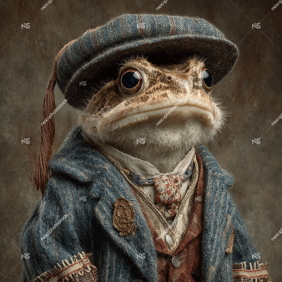 A Frog Dressed In A Suit And Hat Donning A Blue Tie And Sporting A Monocle Stands Against A Textured Background — Stock Photo
