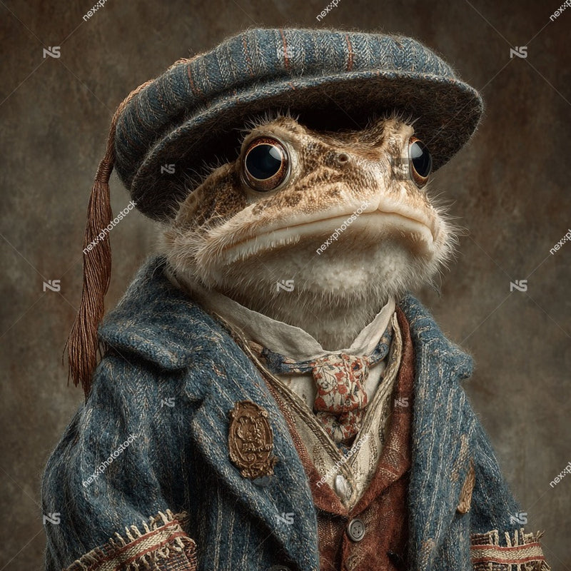 A Frog Dressed In A Suit And Hat Donning A Blue Tie And Sporting A Monocle Stands Against A Textured Background — Stock Photo