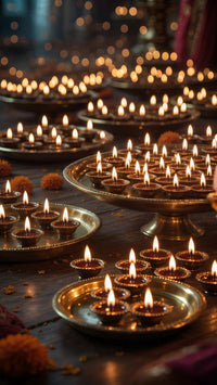 diwali festival candles arranged in rows with lit wicks and golden metal holders set against a dark background - Stock Video