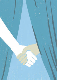 Two Hands Holding Each Other Through A Curtain With A Blue Background And A Soft Light Illuminating Them From Behind — Stock Illustration
