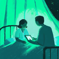 Illustration Of A Man And Woman In A Dimly Lit Room At Night Sharing A Tablet Screen — Stock Illustration