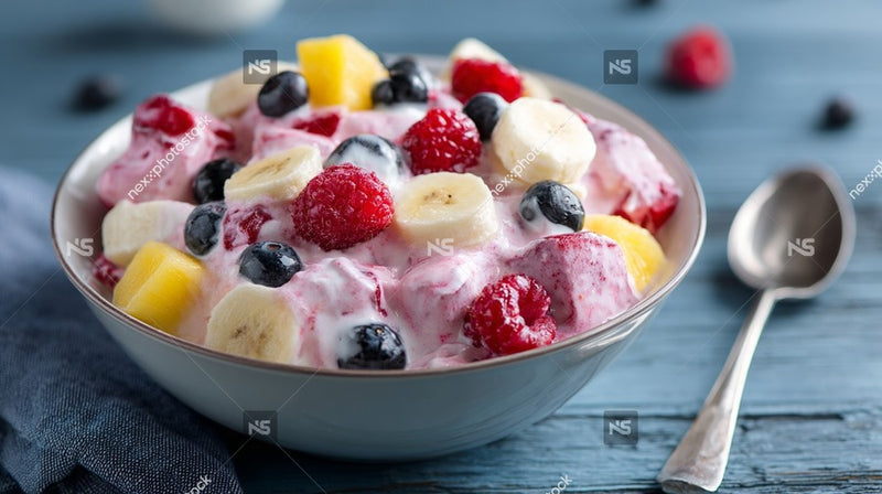 A Bowl Of Yogurt Parfait Topped With Fresh Fruit Including Raspberries And Bananas Served On A Wooden Table — Stock Photo