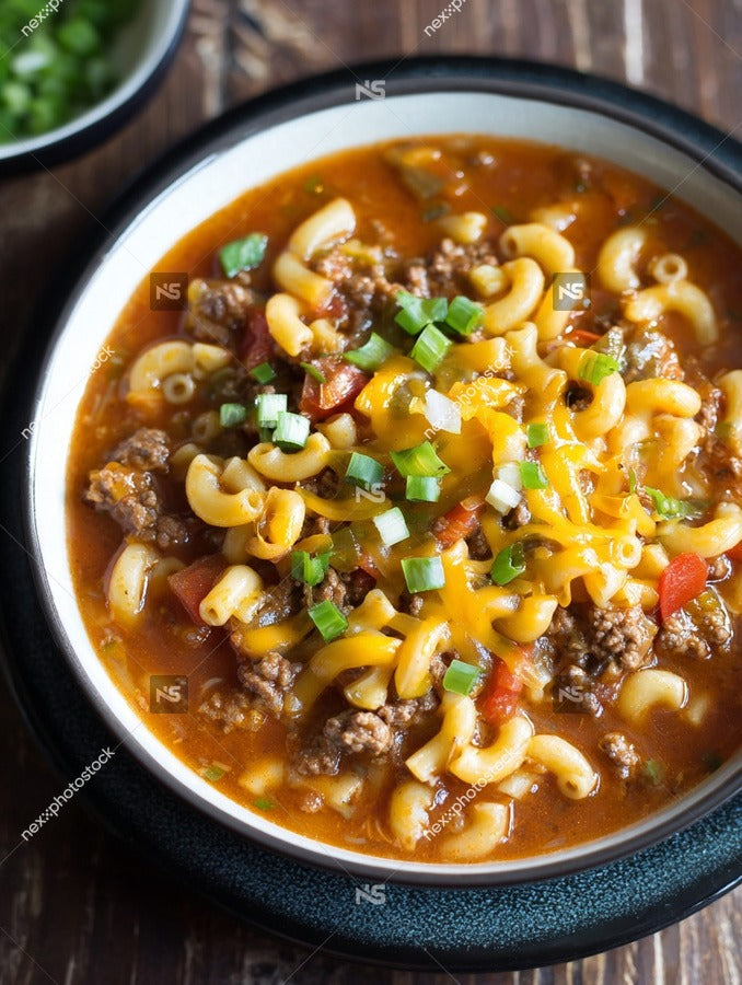 A Bowl Of Chili Cheese Macaroni With A Garnish Of Chopped Onions And Green Peppers Served In A Black Bowl — Stock Photo
