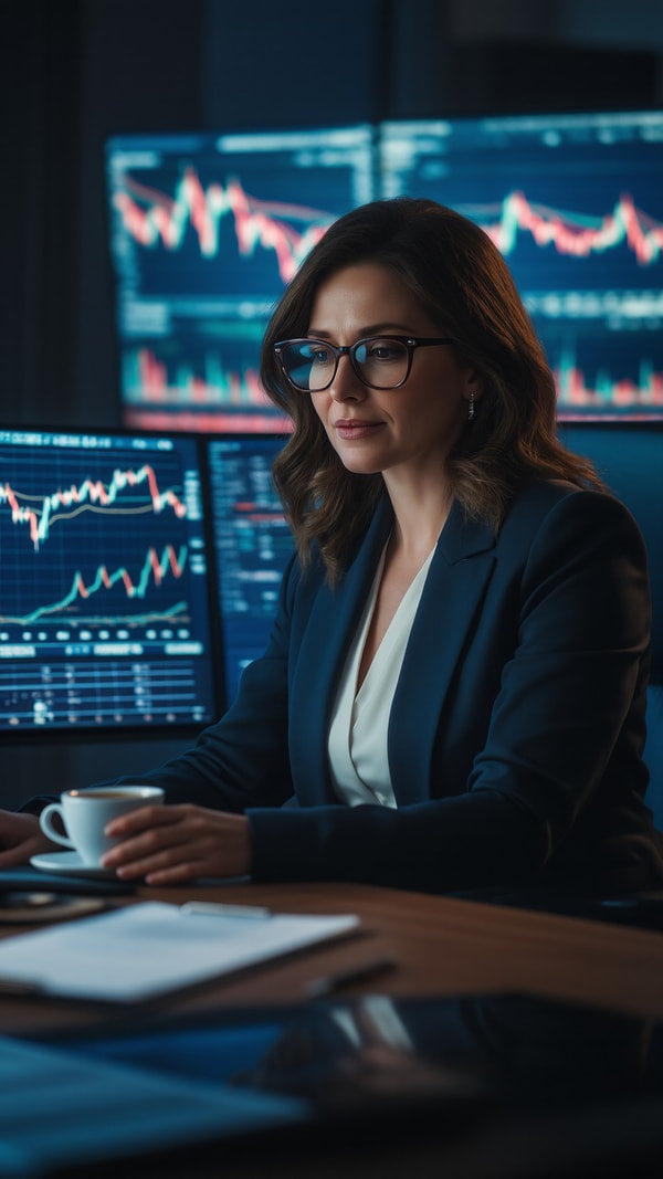 A Woman In A Business Suit Is Seated At A Trading Desk Surrounded By Computer Monitors Various Financial Charts And Graphs — Stock Photo