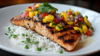 Grilled Salmon Served With White Rice And Salsa On A Plate — Stock Photo