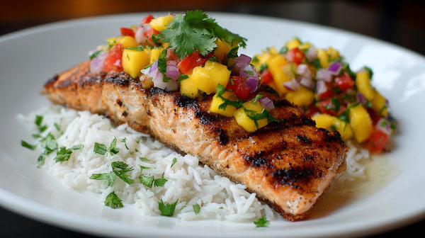 Grilled Salmon Served With White Rice And Salsa On A Plate — Stock Photo