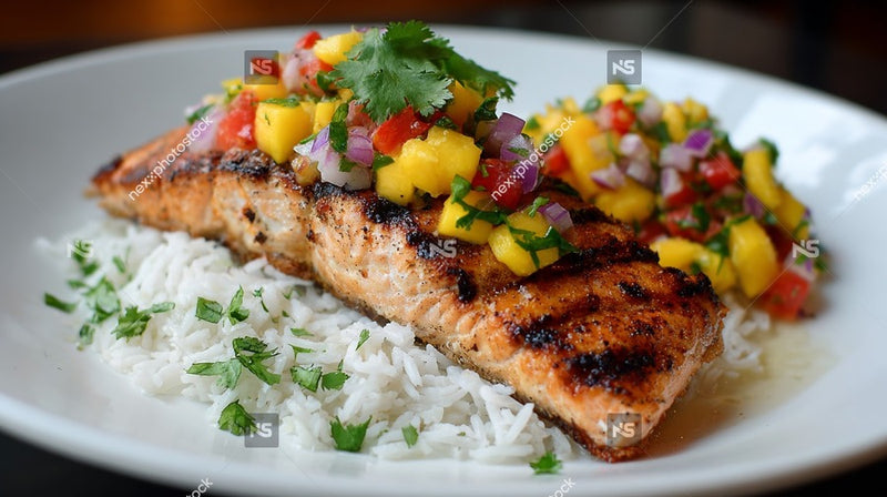 Grilled Salmon Served With White Rice And Salsa On A Plate — Stock Photo