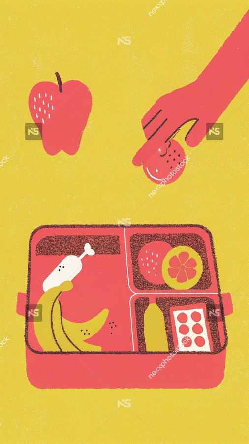 Illustration Of A Person Reaching Into A Lunch Box Filled With Food Items And Fruits — Stock Illustration