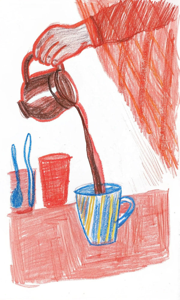 A Hand Pouring Coffee From A Pot Into A Mug With A Cup And Spoon On The Table In The Background — Stock Illustration