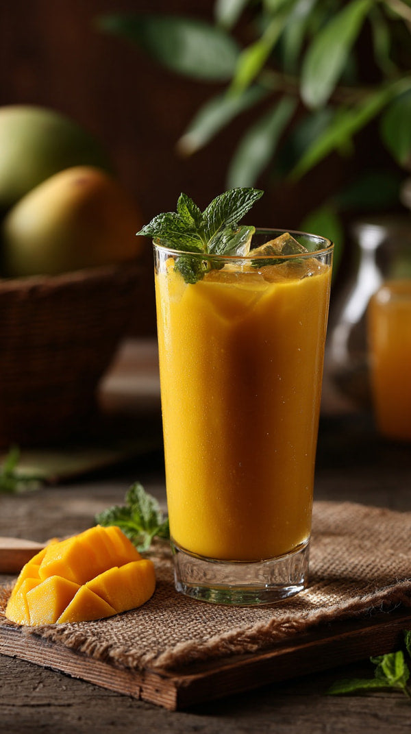 A Glass Of Mango Smoothie With Ice And Mint Garnish Placed On A Wooden Surface Surrounded By Fresh Fruit — Stock Photo