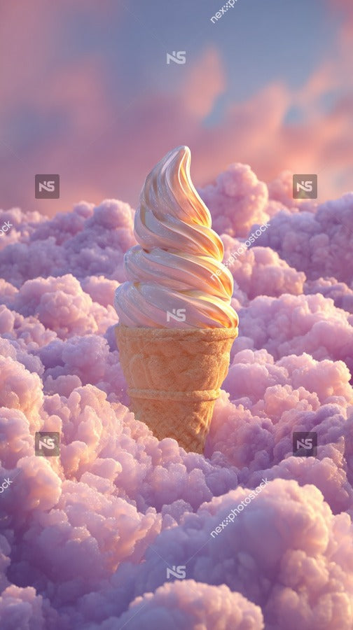 A Single Ice Cream Cone Is Prominently Featured Against A Vibrant Purple Cloud Background With A Soft Light Illuminating It From Behind — Stock Photo