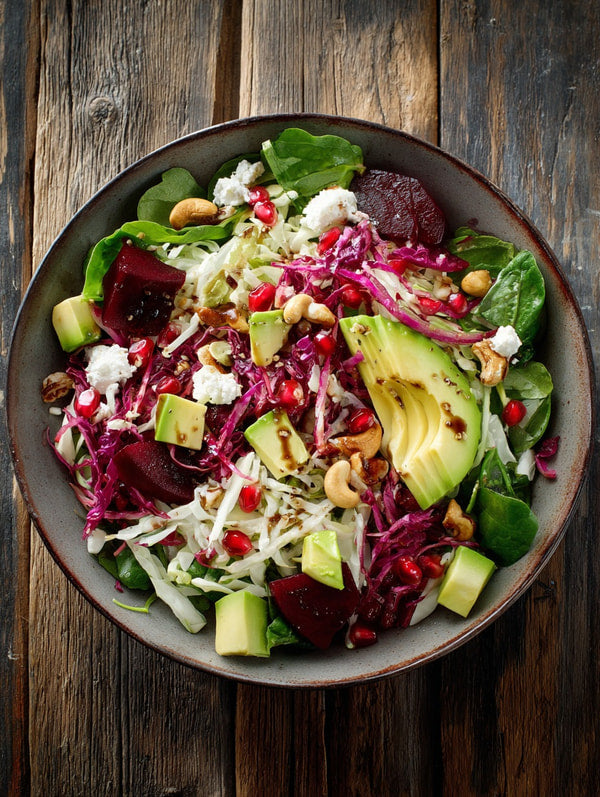 A Bowl Of Salad Containing Avocado Pomegranate And Other Ingredients On A Wooden Table — Stock Photo