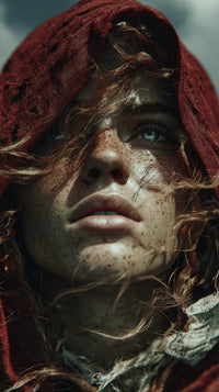 A Person In A Red Hooded Cloak With Long Brown Hair Looking To The Side With A Expression — Stock Photo