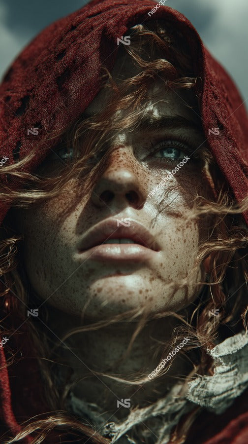 A Person In A Red Hooded Cloak With Long Brown Hair Looking To The Side With A Expression — Stock Photo