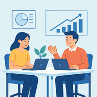 Two People Sitting At A Table With Laptops Discussing Business Work Related Topics In An Office Setting — Stock Vector