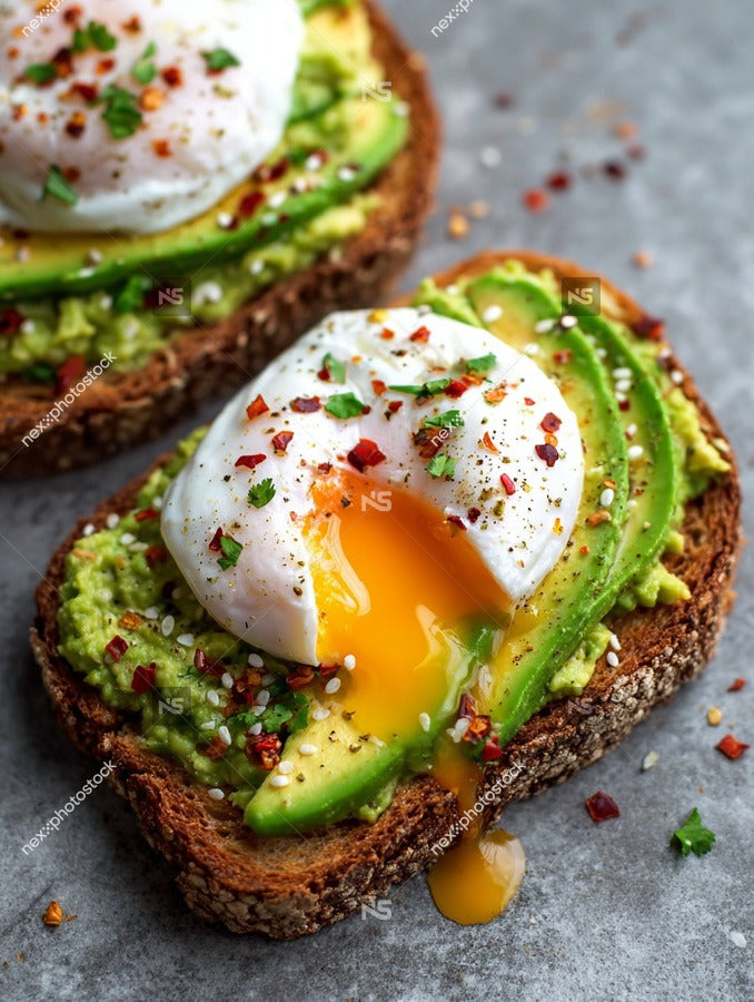 A Slice Of Avocado Toast Topped With A Fried Egg And Sprinkled With Red Pepper Flakes Served On A Wooden Surface — Stock Photo