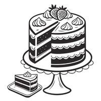 Black And White Illustration Of A Cake With Strawberries On Top Placed On A Platter Next To A Slice — Stock Vector